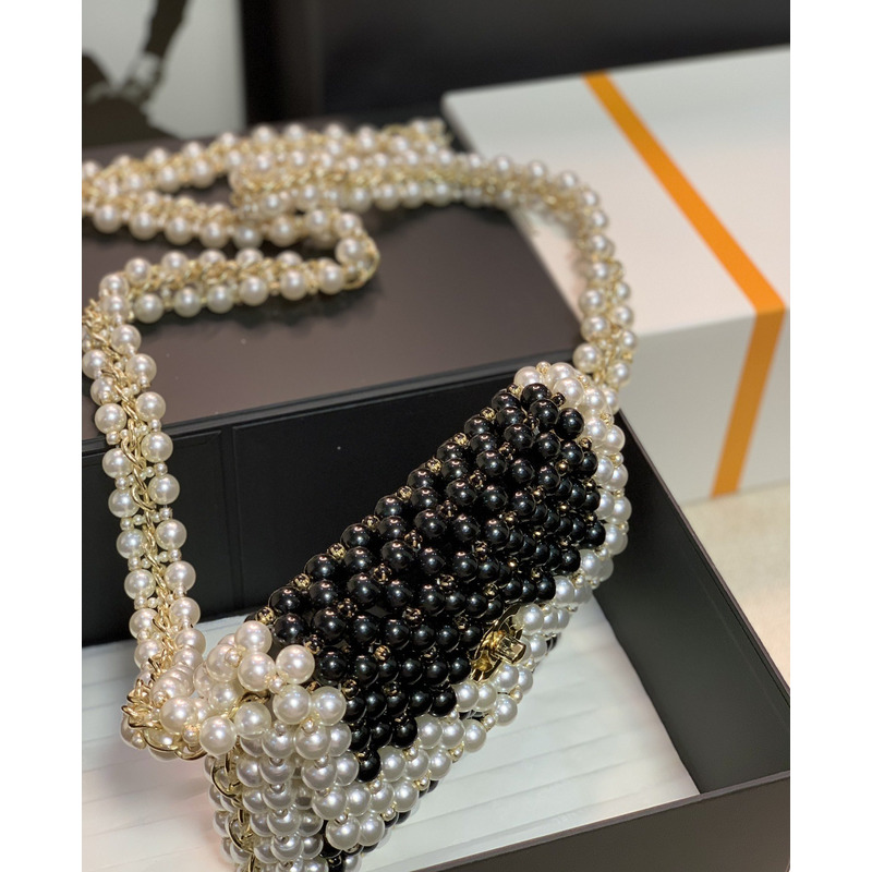 Ch*el handmade imitation pearl woven bag black and white