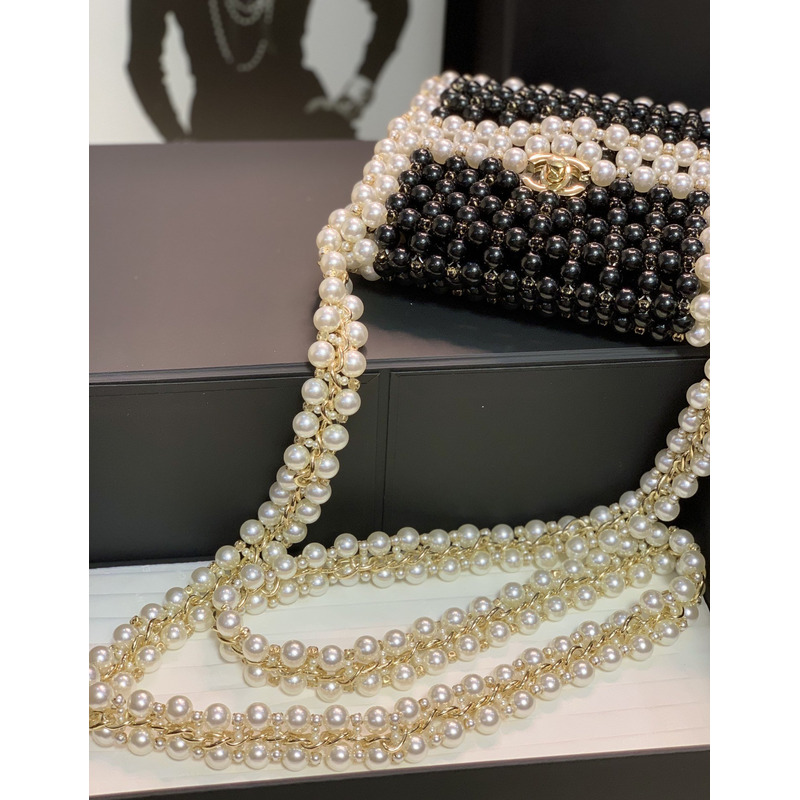 Ch*el handmade imitation pearl woven bag black and white