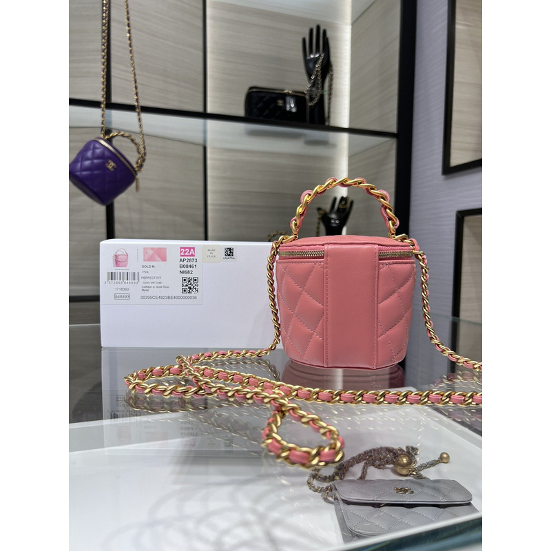 Ch*el Ch*el chain cosmetic bag leather & gold-tone metal pink