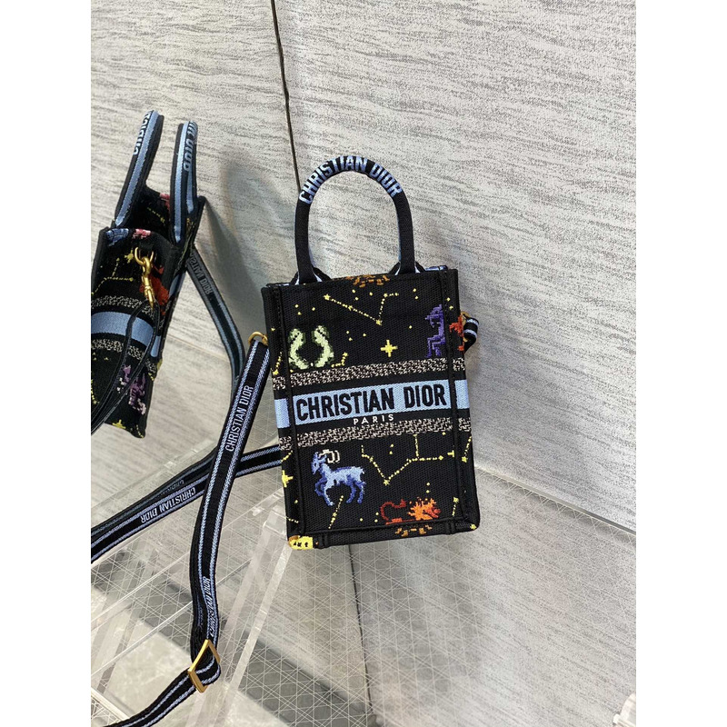 D*or mini book tote phone pouch multicolor D*or zodiac pixel pattern embroidery in black