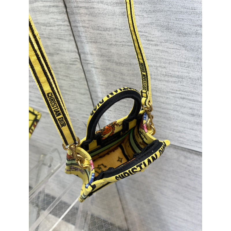 D*or mini book tote phone pouch multicolor D*or zodiac pixel pattern embroidery in yellow fabric