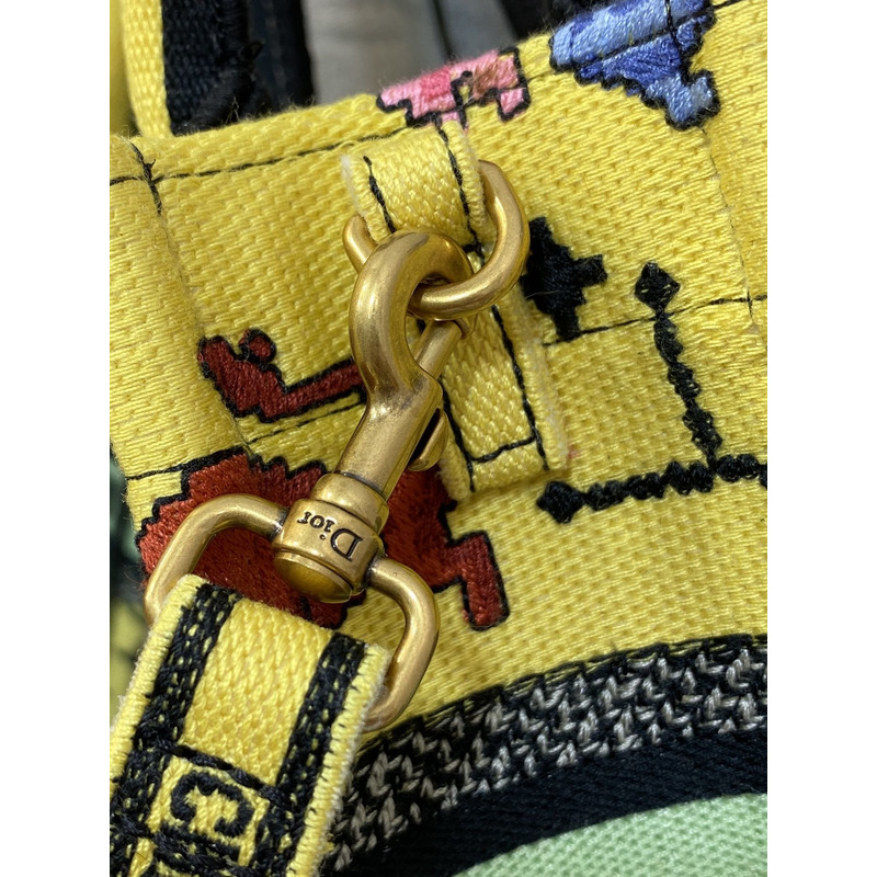 D*or mini book tote phone pouch multicolor D*or zodiac pixel pattern embroidery in yellow fabric