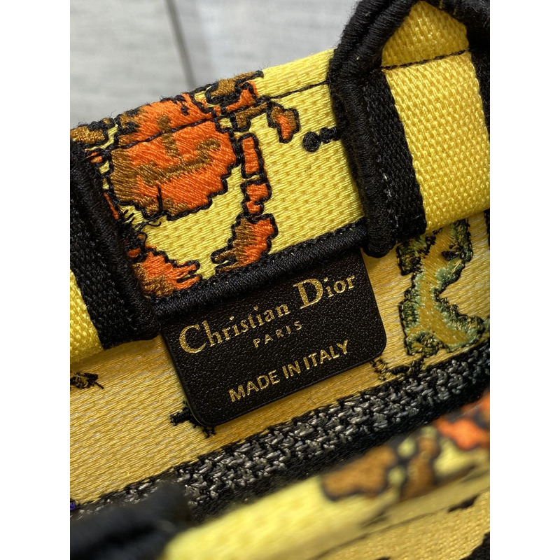 D*or mini book tote phone pouch multicolor D*or zodiac pixel pattern embroidery in yellow fabric