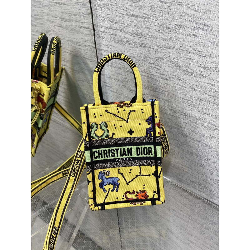 D*or mini book tote phone pouch multicolor D*or zodiac pixel pattern embroidery in yellow fabric