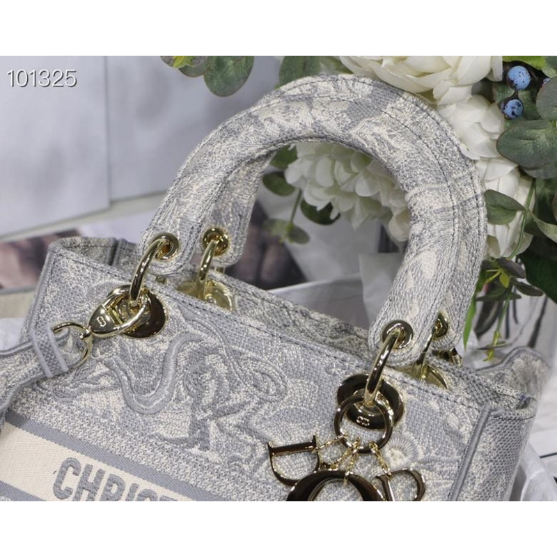 D*or lady d-lite bag toile de jouy embroidery in gray