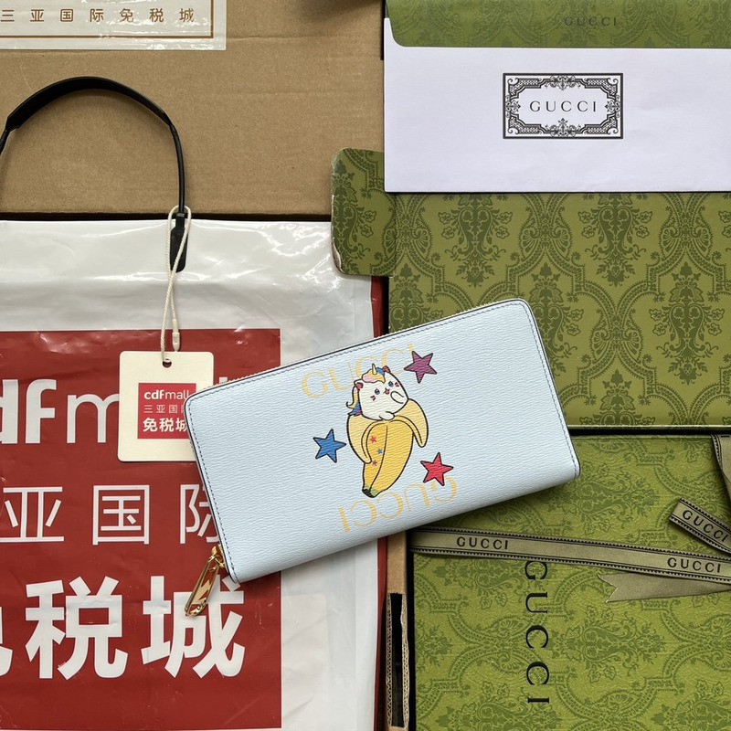 G*u*i bananya print zip around wallet light blue leather