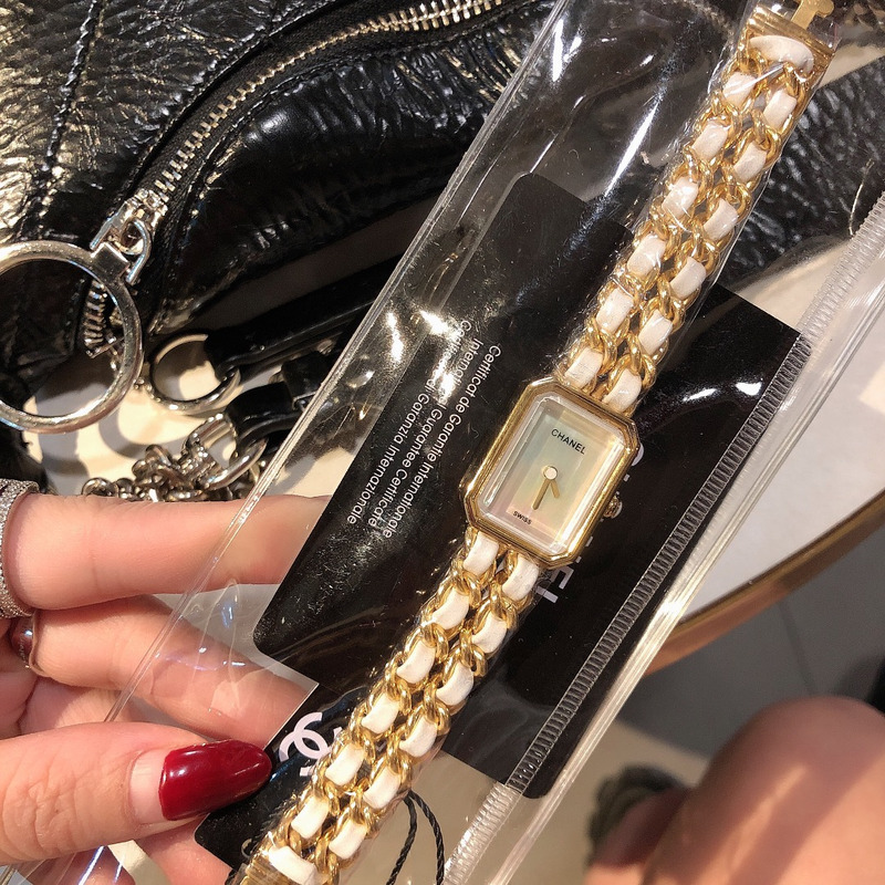 Ch*el premiere rock quartz plated metal and leather watch yellow