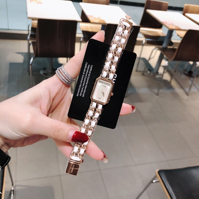 Ch*el premiere rock quartz plated metal and leather watch beige