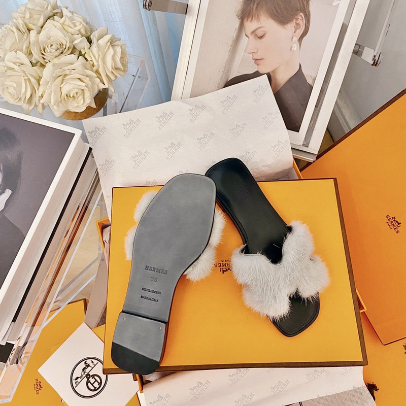 H**mes womens fur fluffy slip on flat sliders slipper shoes