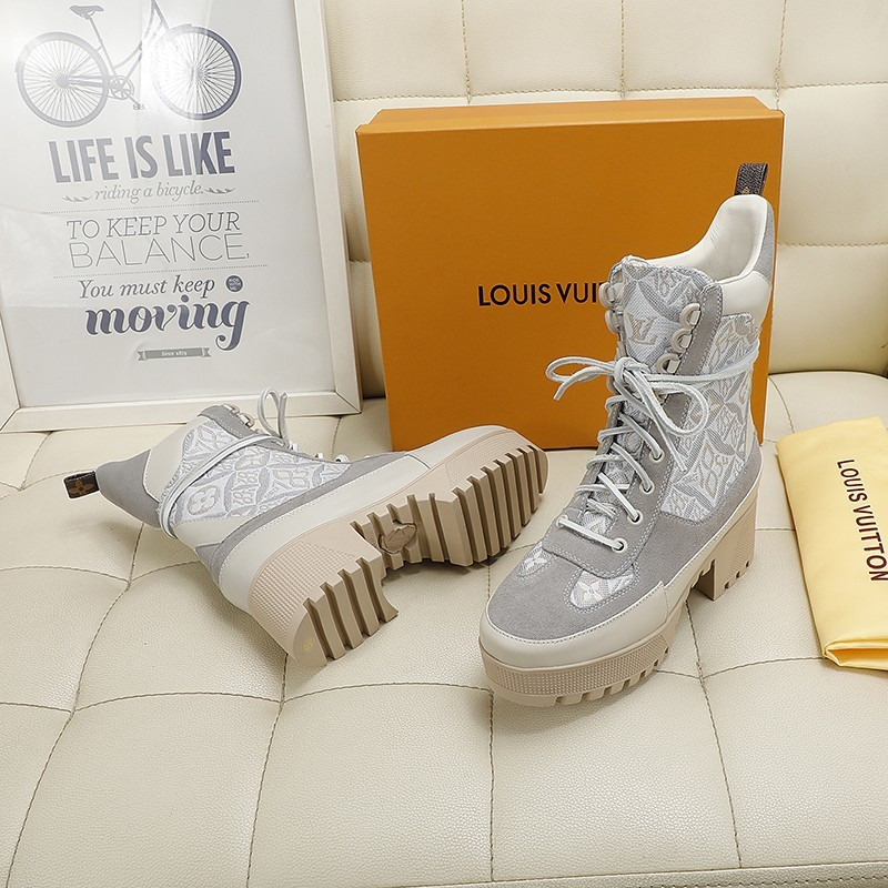 l**is V*t*n laureate platform desert patent monogram canvas back loop boots grey