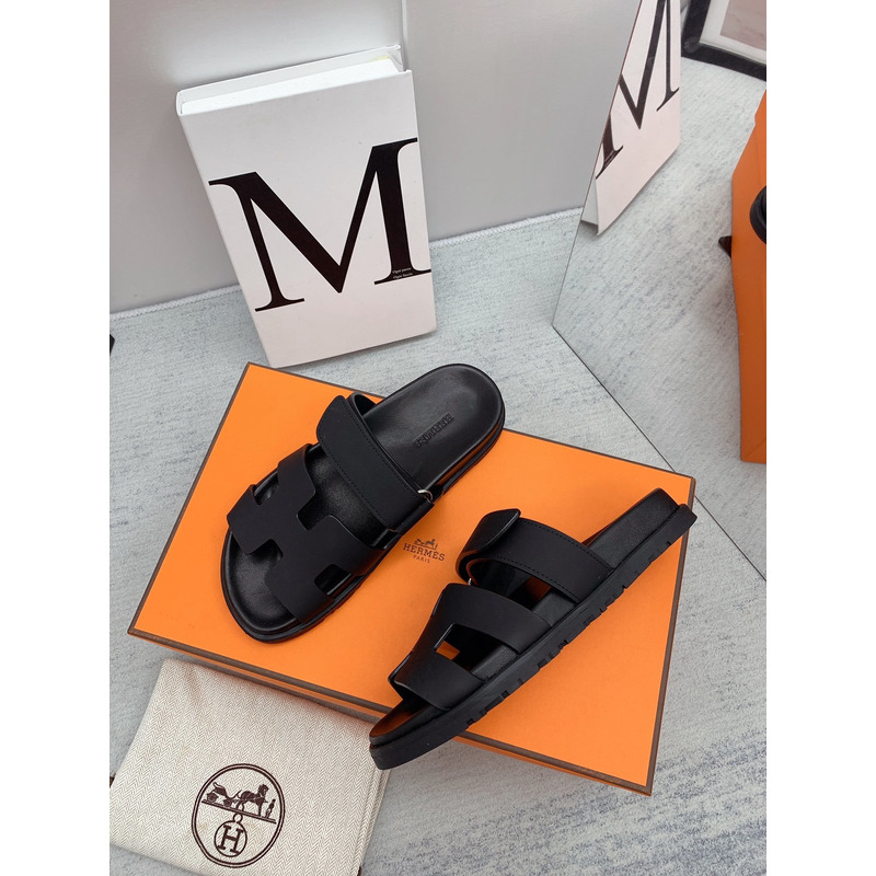 H**mes chypre leather flat sandals black