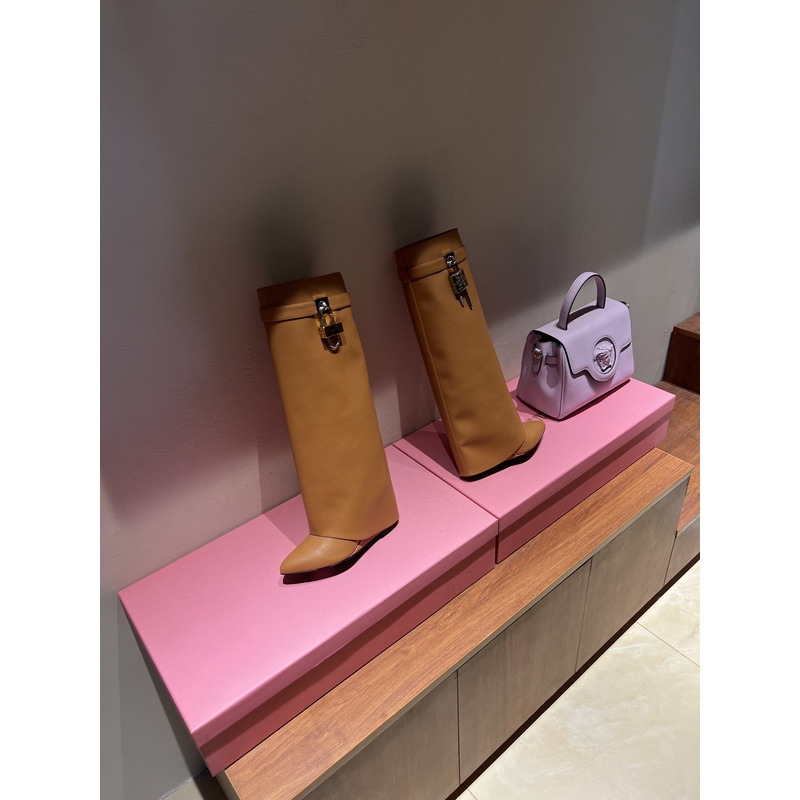 Givenchy Shark Lock Leather Knee High Boots Brown