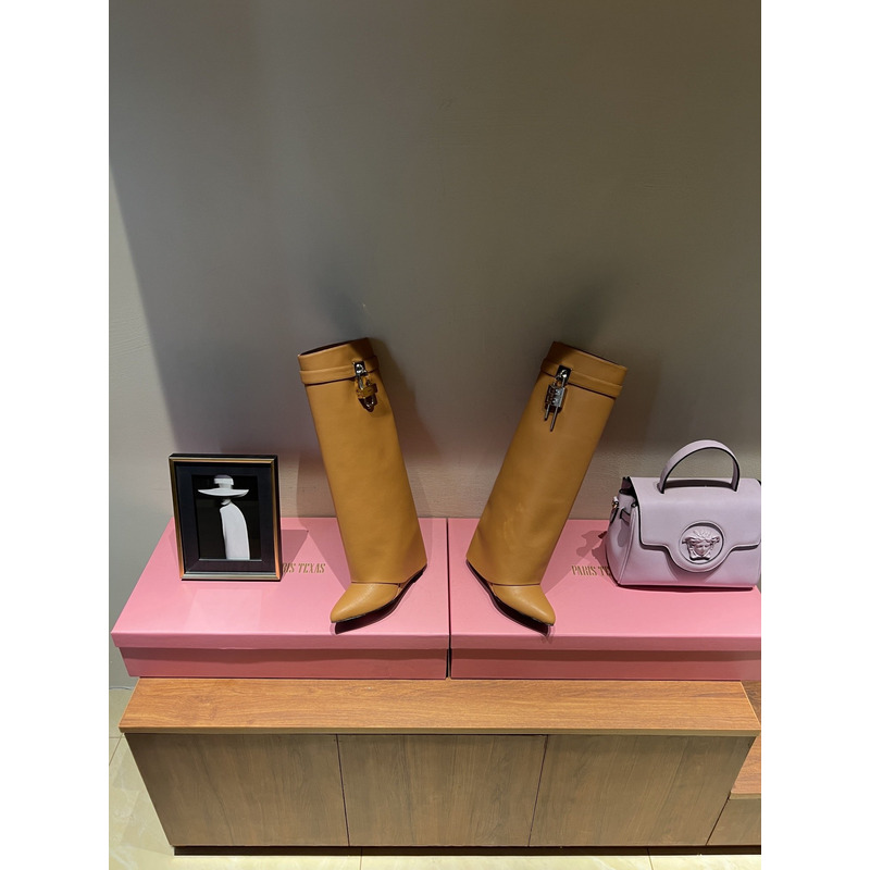 Givenchy Shark Lock Leather Knee High Boots Brown