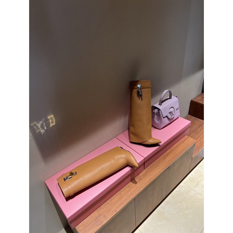 Givenchy Shark Lock Leather Knee High Boots Brown