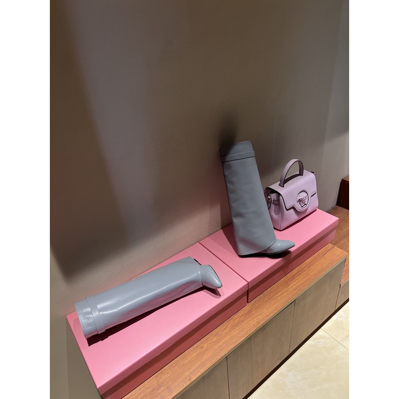 Givenchy Shark Lock Leather Knee High Boots Light Grey