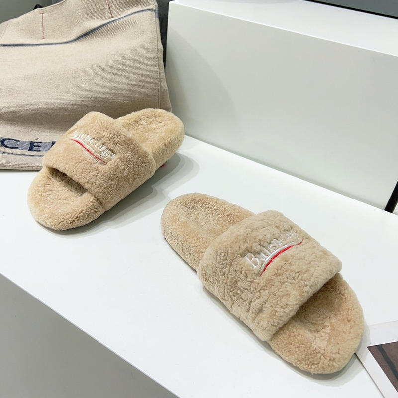 Ba*len*cia*ga logo-embroidered faux shearling slides beige