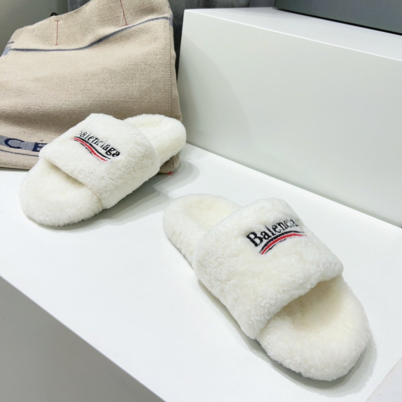 Ba*len*cia*ga logo-embroidered faux shearling slides white