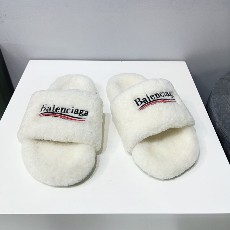 Ba*len*cia*ga logo-embroidered faux shearling slides white