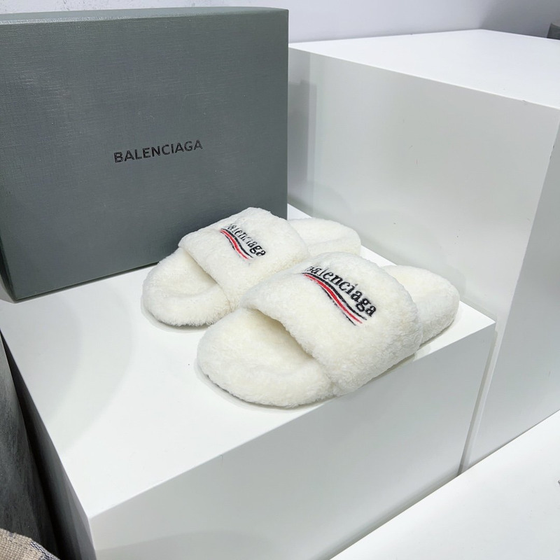 Ba*len*cia*ga logo-embroidered faux shearling slides white