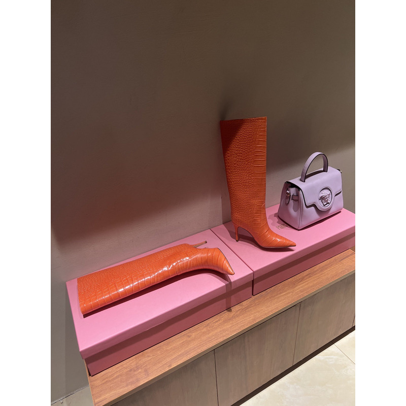 Bettina Vermillon Josephine Crocodile Embossed Knee Boots Orange