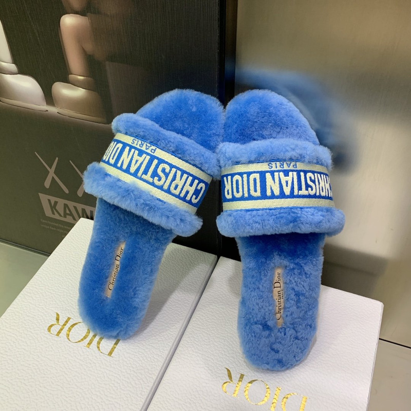 D*or chez moi slides embroidered cotton and shearling bright blue