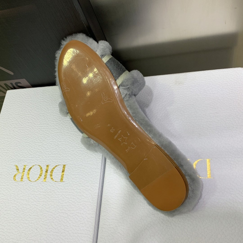 D*or chez moi slides embroidered cotton and shearling grey