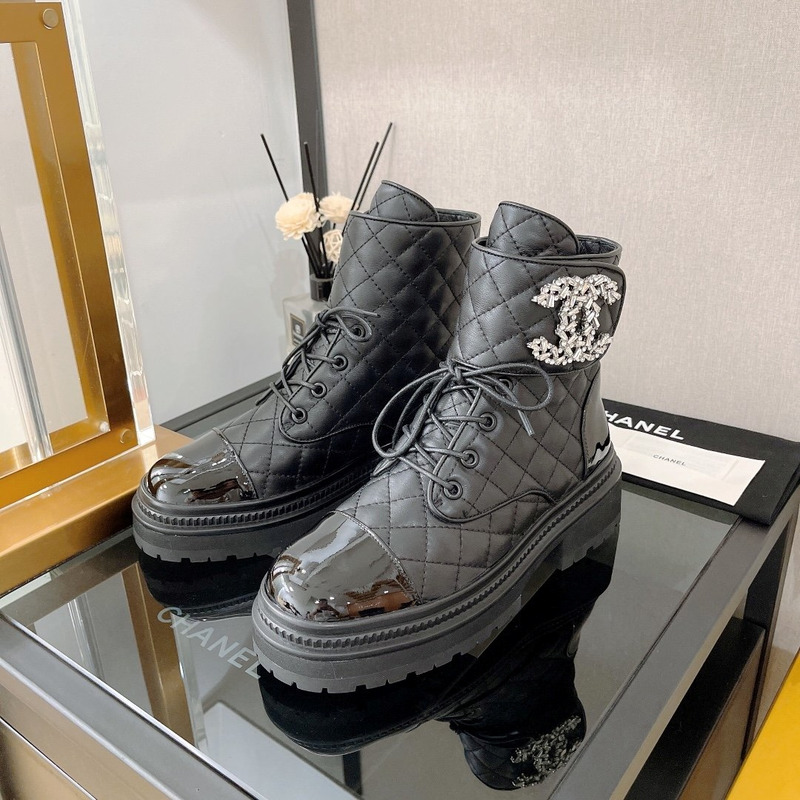 Ch*el cc chain quilted lambskin and calfskin lace up boots black