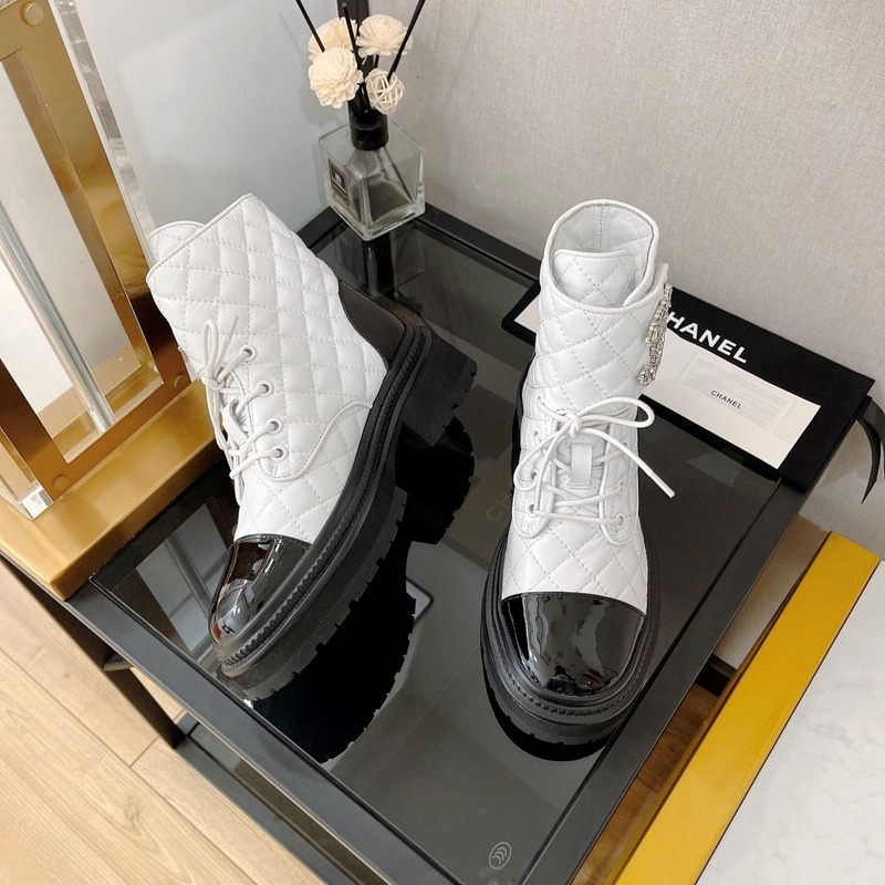 Ch*el cc chain quilted lambskin and calfskin lace up boots cream