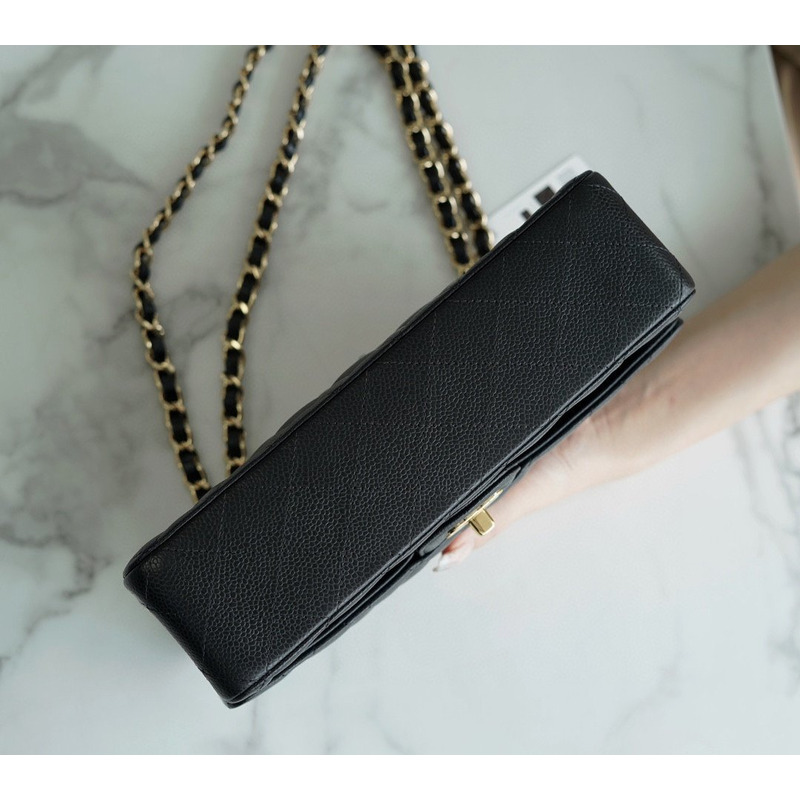 Ch*el classic double flap quilted caviar gold-tone medium black