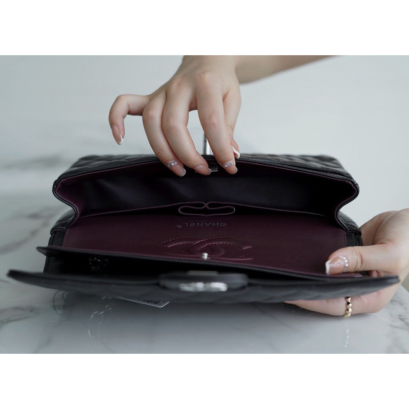 Ch*el classic double flap quilted lambskin silver-tone medium black