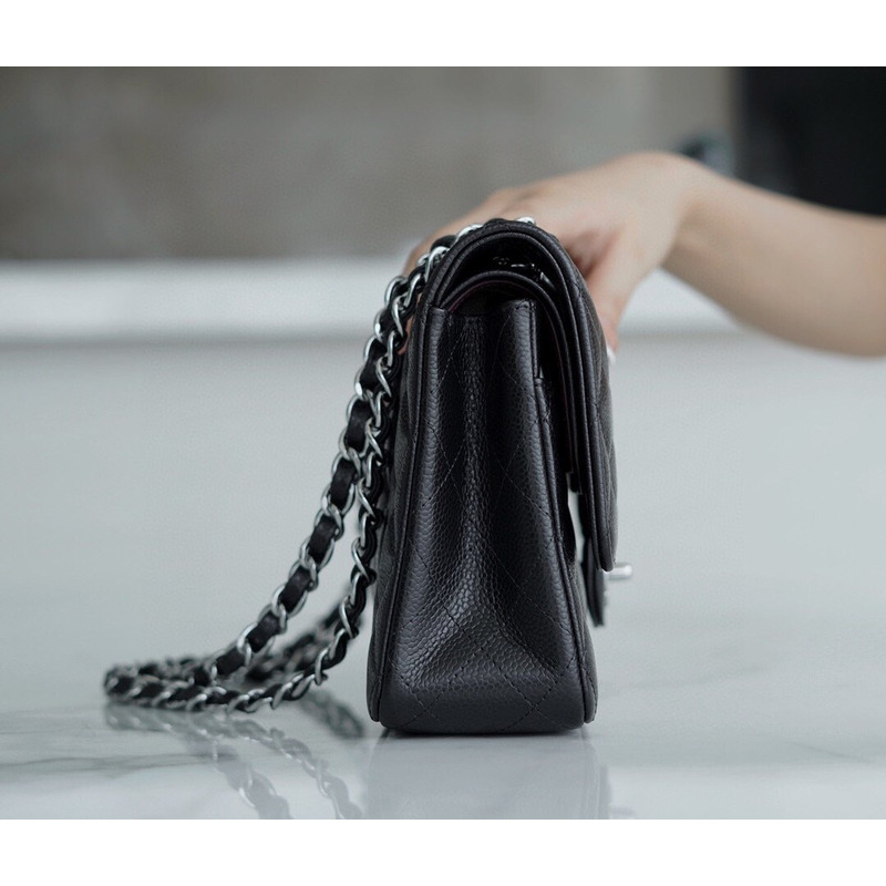 Ch*el classic double flap quilted lambskin silver-tone medium black