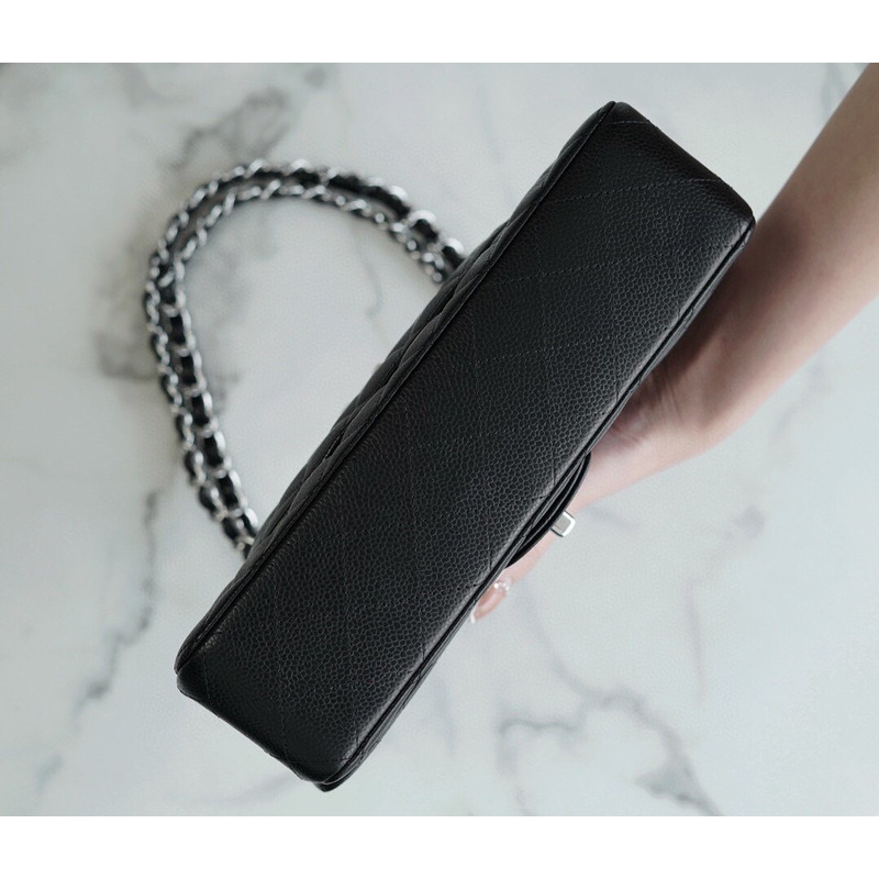 Ch*el classic double flap quilted lambskin silver-tone medium black