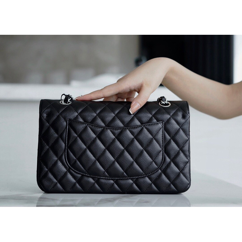 Ch*el classic double flap quilted lambskin silver-tone medium black
