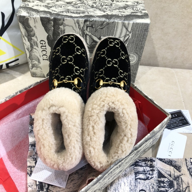 G*u*i fria horsebit gg wool shearling collar high top booties black gold