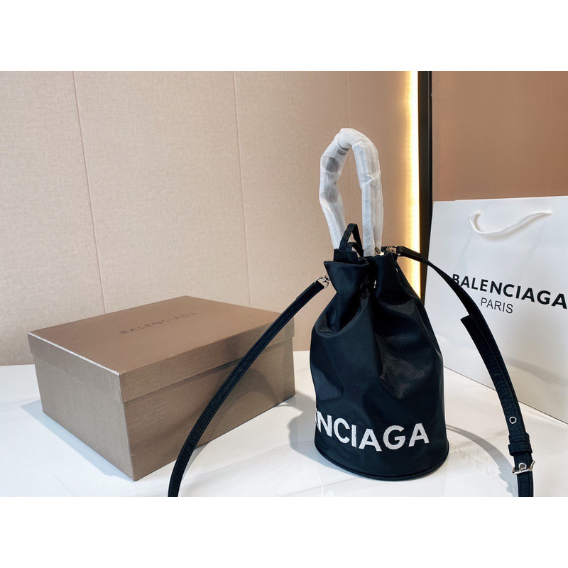 Ba*len*cia*ga wheel logo print drawstring nylon bucket bag