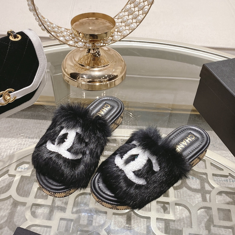 Ch*el mules shearling lambskin black and white