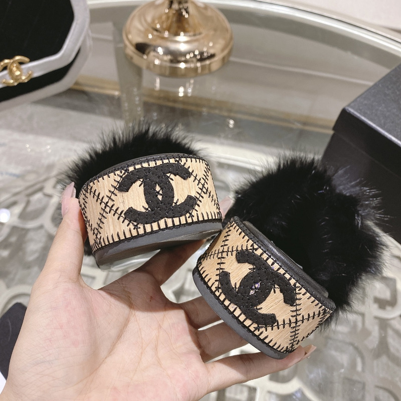 Ch*el mules shearling lambskin black and white