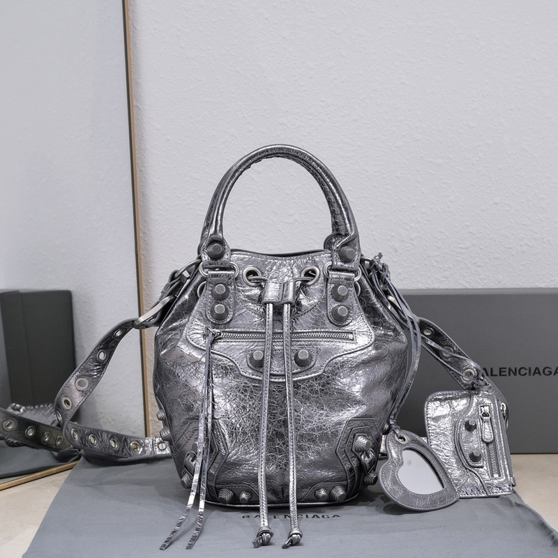 Ba*len*cia*ga women\''s le cagole bucket bag metallized with rhinestones in silver