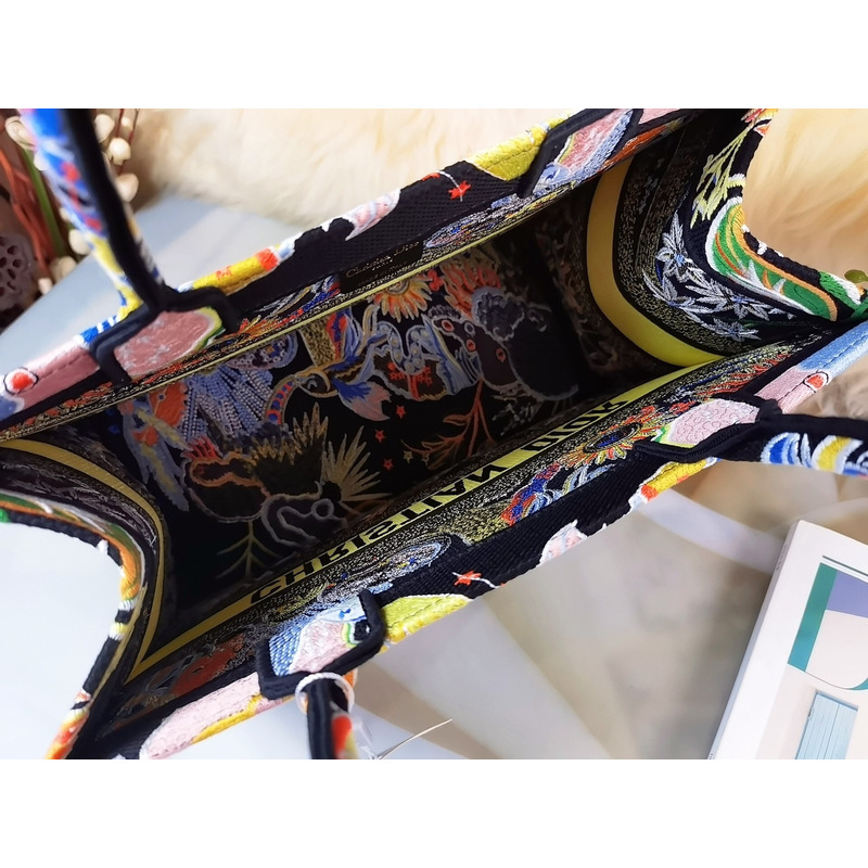 D*or canvas embroidered medium book tote black multicolor