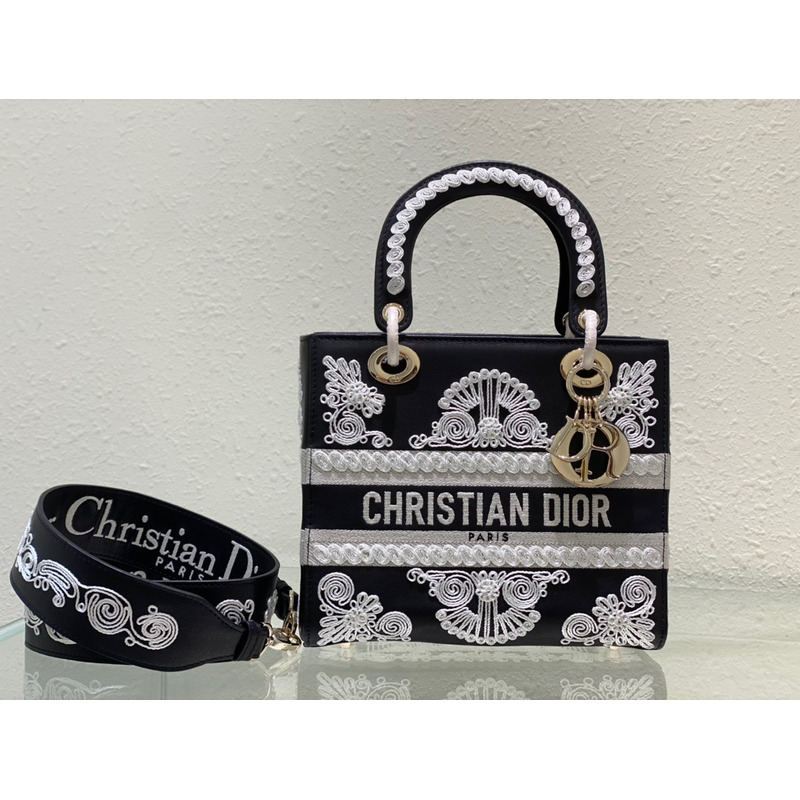 Medium Lady D-Lite Bag PERSONALIZE  Mediu Black and White Ornamental Cornely-Effect Embroidery