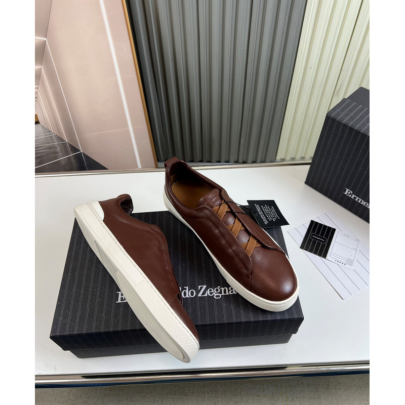 Ermenegildo Zegna Coffee DEERSKIN TRIPLE STITCH™ LOW TOP SNEAKERS
