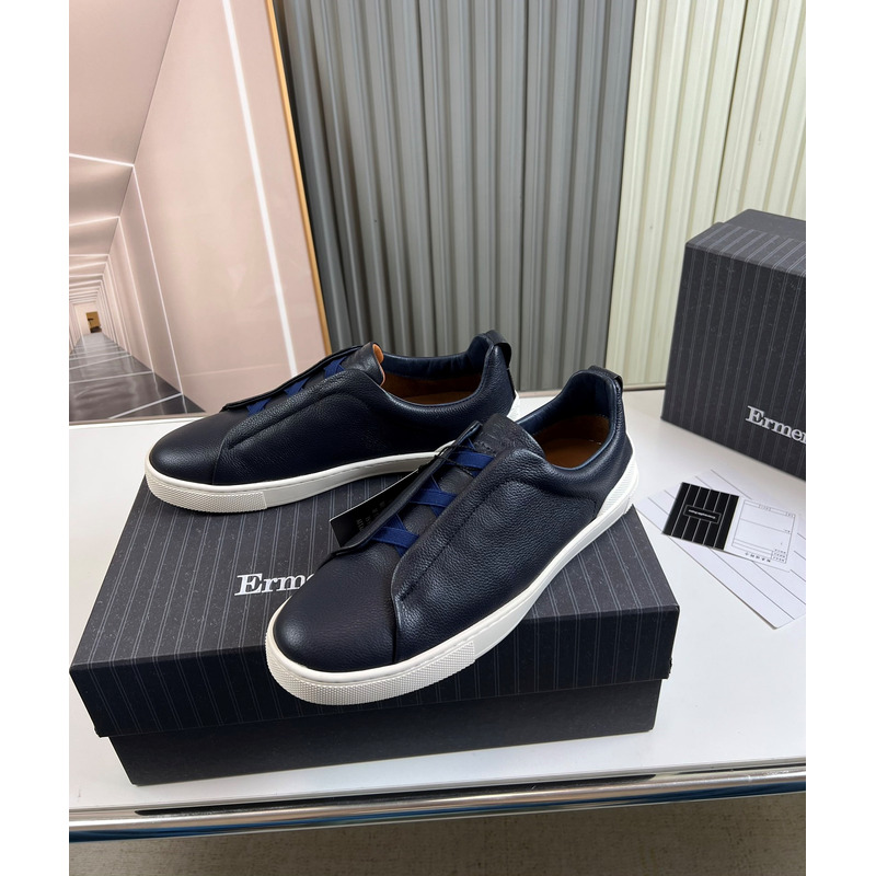 Ermenegildo Zegna Dark Blue Deerskin Triple Stitch Low Top Sneaker