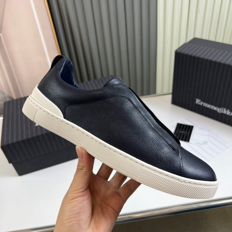 Ermenegildo Zegna Dark Blue Deerskin Triple Stitch Low Top Sneaker