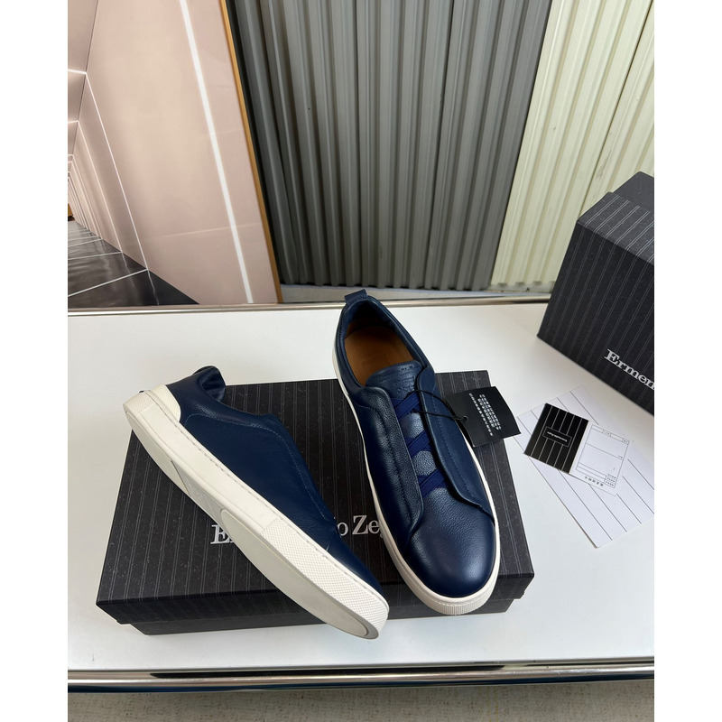 Ermenegildo Zegna Blue Deerskin Triple Stitch Low Top Sneaker