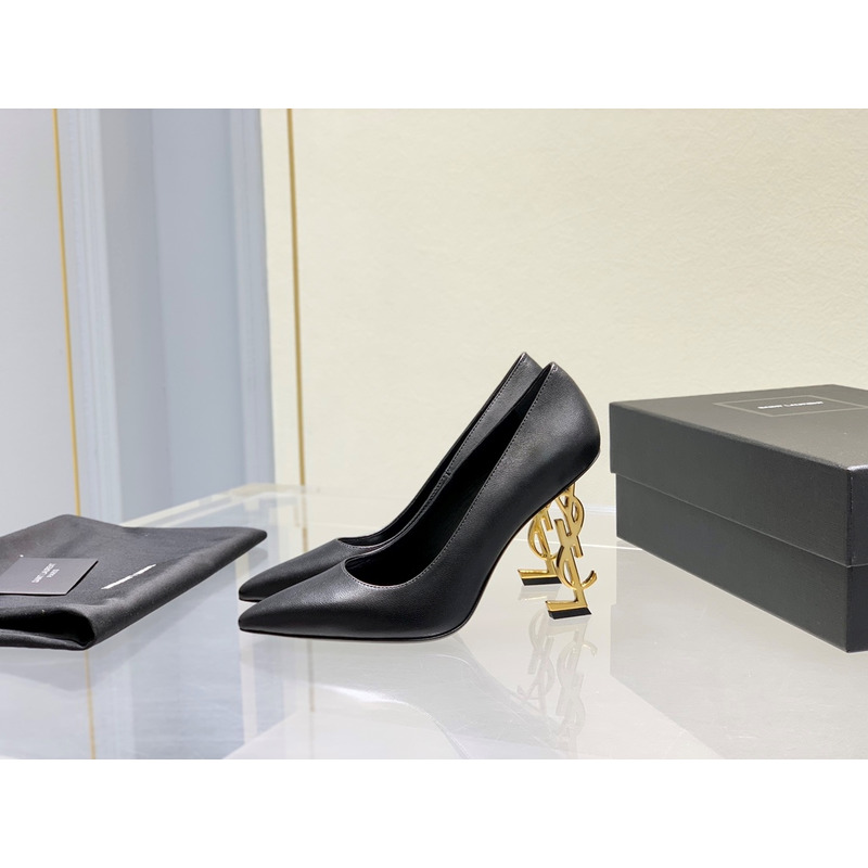 Saint Laurent Opyum Logo 110 Plaque Pumps Polished Leather Heels Gold
