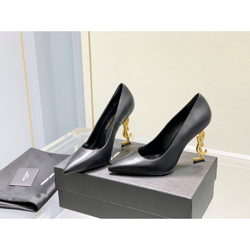 Saint Laurent Opyum Logo 110 Plaque Pumps Polished Leather Heels Gold