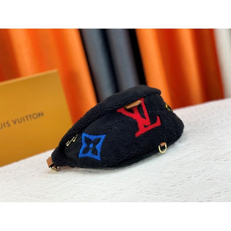 l**is V*t*n monogram shearling bumbag black with red logo