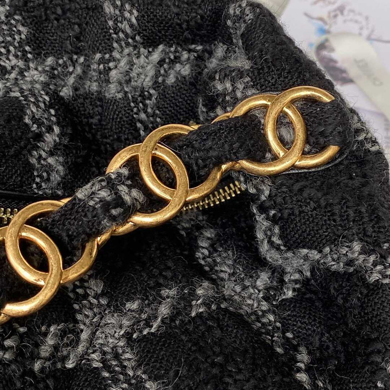 Ch*el oversized hobo bag wool twill & gold-tone metal black and gray