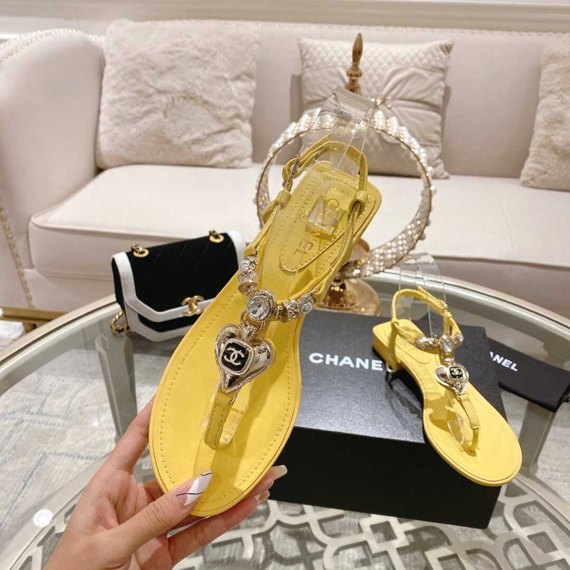 Ch*el lambskin metal diamanté & imitation pearls sandals yellow