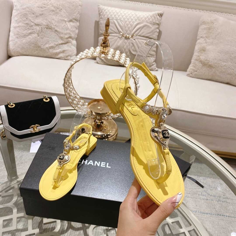 Ch*el lambskin metal diamanté & imitation pearls sandals yellow